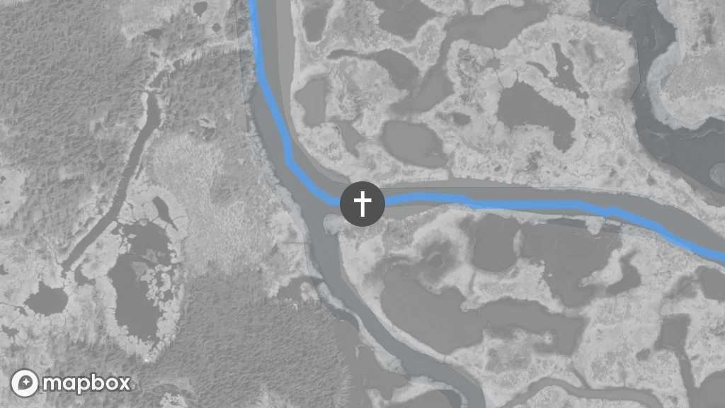 A satellite image of a gravesite located on the shore of the Marian River.