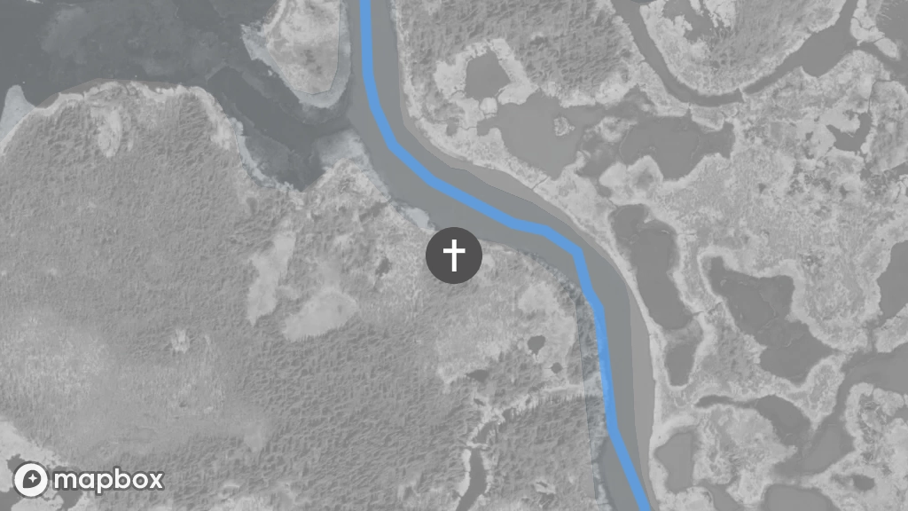 A satellite image of a gravesite located on the shore of the Marian River.