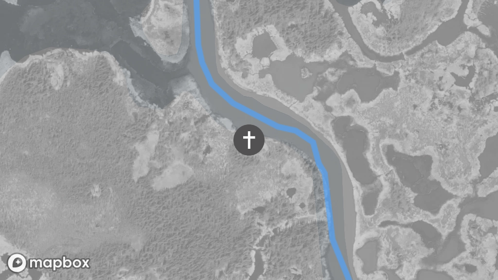A satellite image of a gravesite located on the shore of the Marian River.