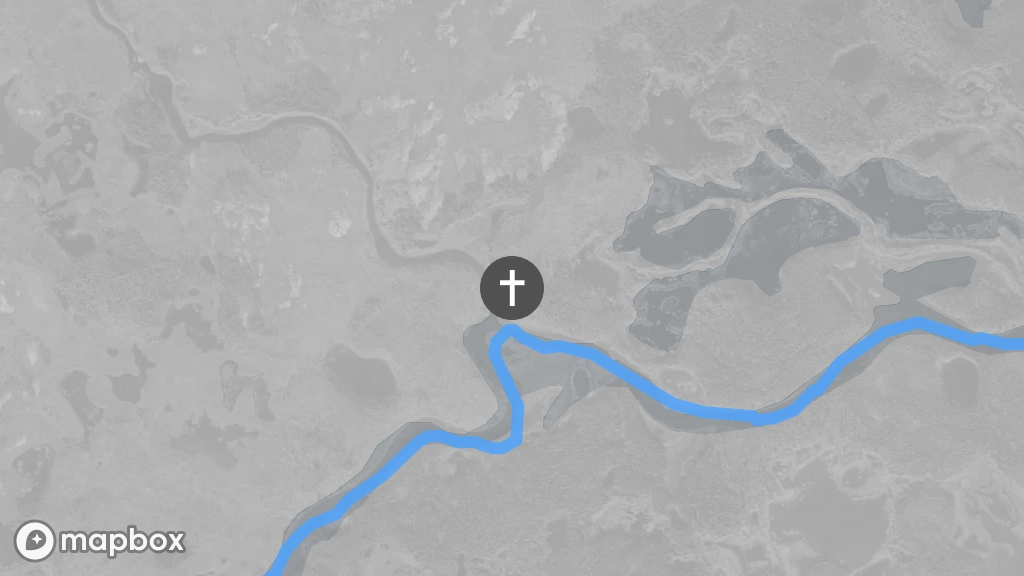 A satellite image of a gravesite located on the shore of the Marian River.