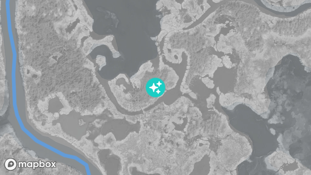 A satellite image of a cabin located near the shore of the Marian River.