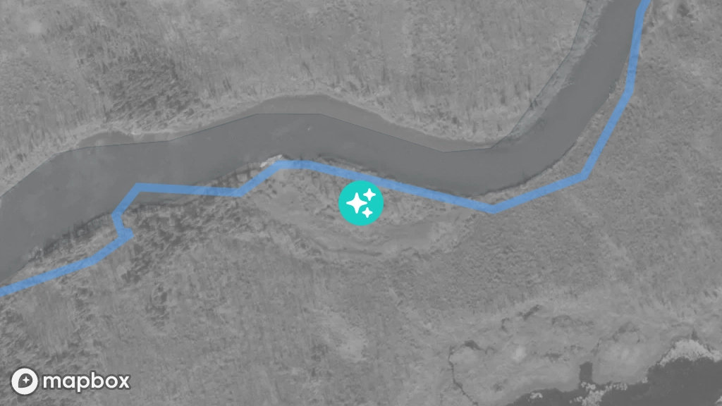 A satellite image of an old land trail that starts on the shore of the Marian River.