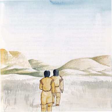 Watercolor painting of the Couple Inside the Mountain by Lacynda Migwi.