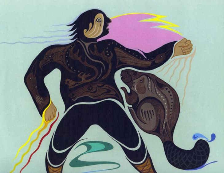 Painting of Yamǫǫ̀zha and the giant beaver by Archie Beaulieu.
